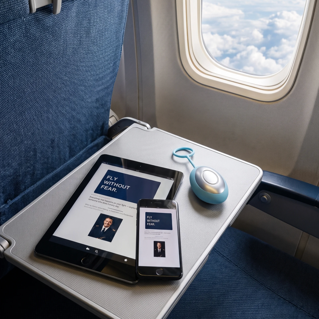 The CalmSky Pebble and Flight Guide arranged on a warm-neutral surface.