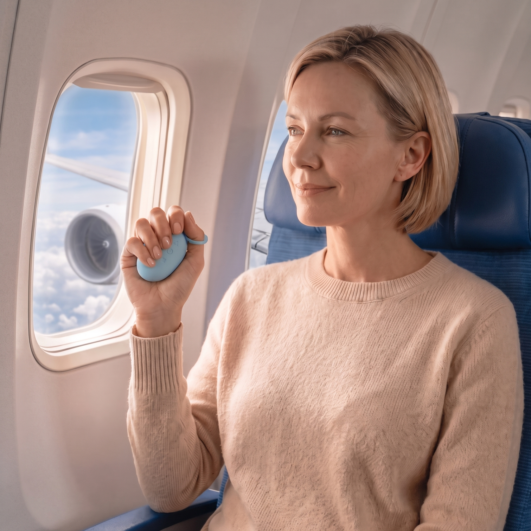 A calm passenger seated by an aircraft window, the CalmSky Pebble held in her palm, looking out at cloud tops.