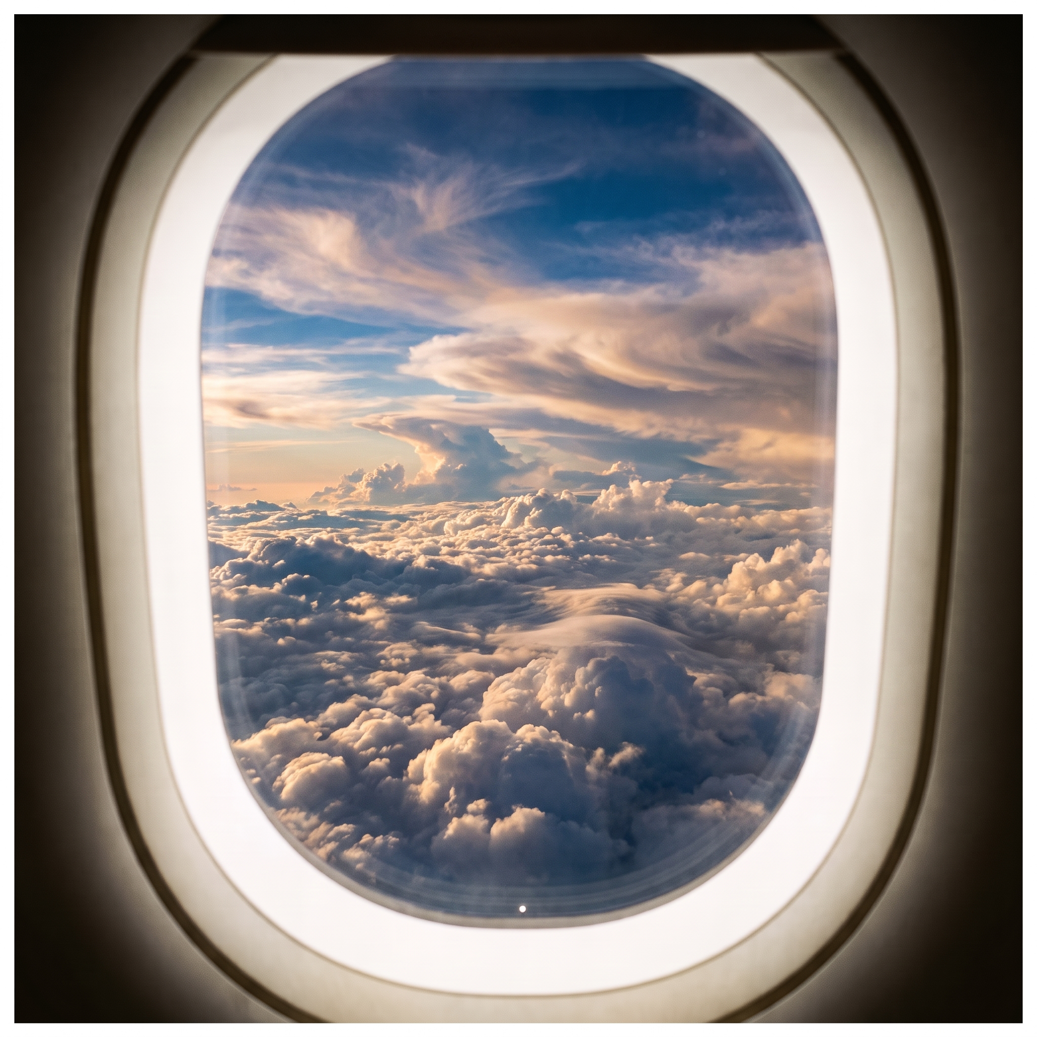 The view from a cabin window at cruising altitude — calm sky, soft clouds.